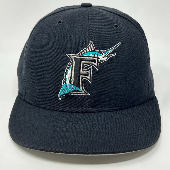 Vintage 90s Florida Marlins Hat Baseball Cap Fitted 7 7/8 Black New Era USA Made - Picture 10 of 10
